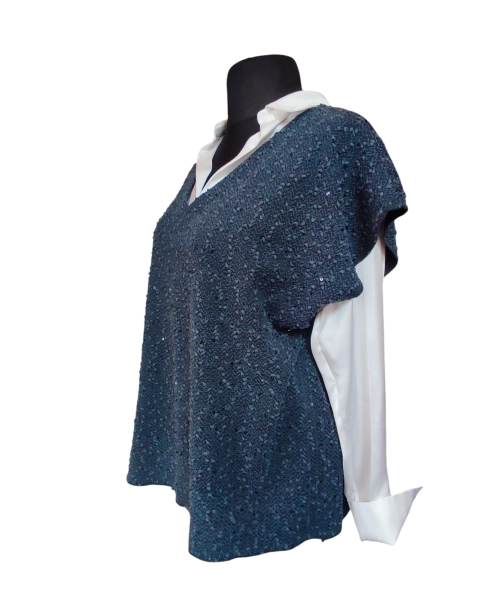 Kamizelka swetrowa damska z cekinami i pęczkami - ciemny turkus